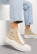 Trampki damskie - Ciemnobeżowe Trampki za Kostkę na Niskiej Platformie z Brokatową Ozdobą w Kształcie Serca Annexla - miniaturka - grafika 1