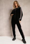 Spodnie sportowe damskie - Czarny Welurowy Komplet Dresowy 2-Częściowy Bluza na Suwak i Spodnie na Gumce Ozdobiony Lampasami Yamase - miniaturka - grafika 1