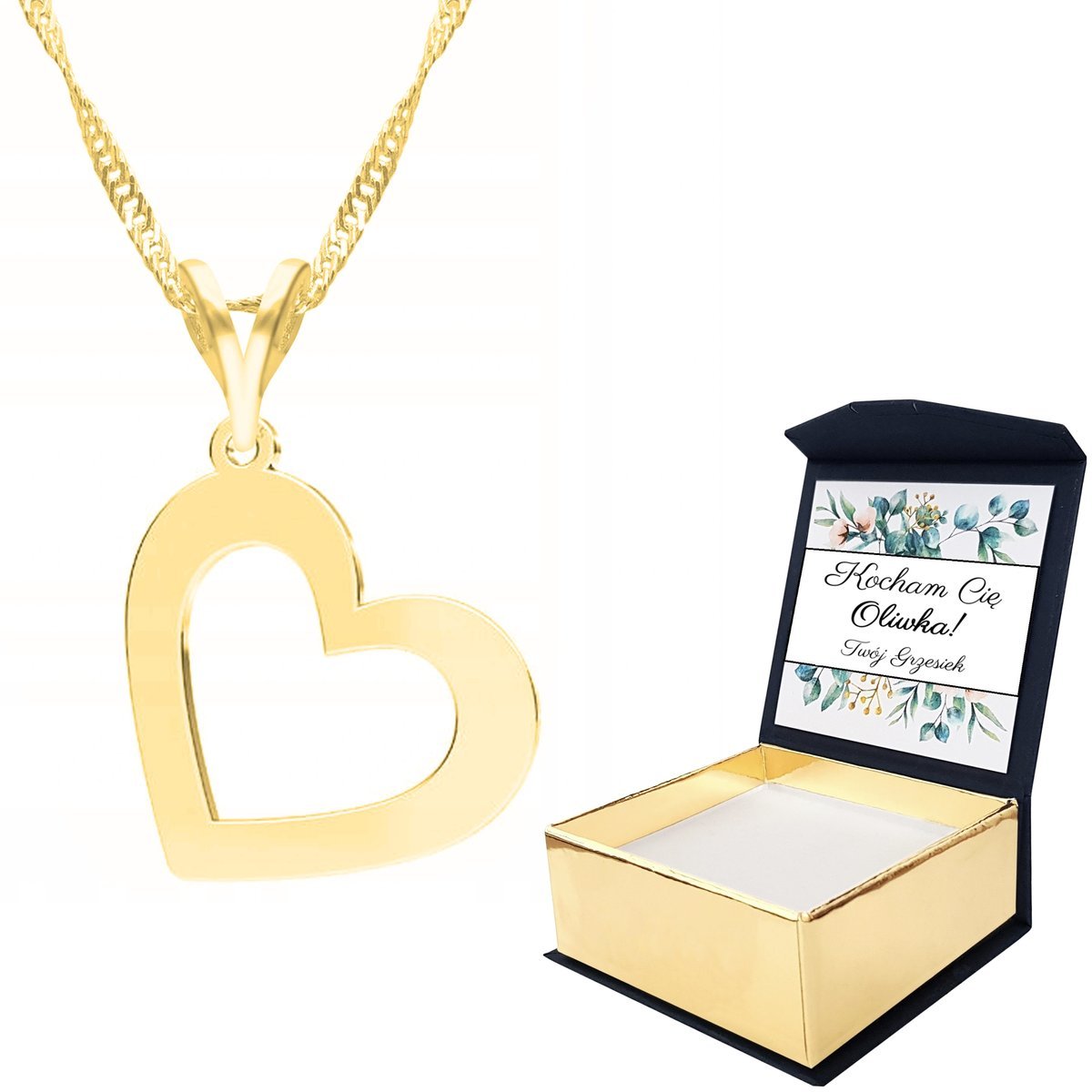Naszyjnik złoty Puste Serce Heart + WŁASNY NADRUK