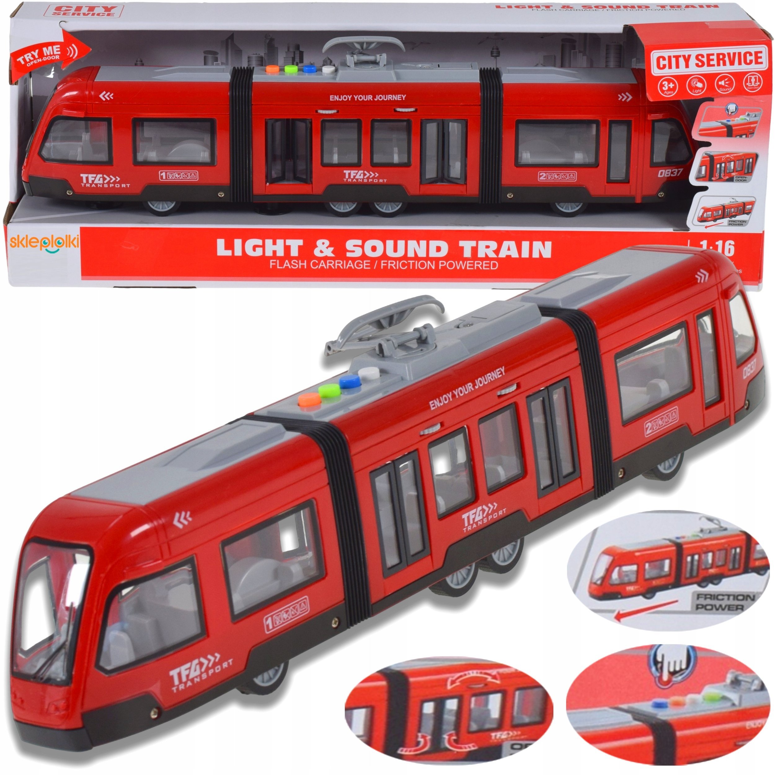 DUŻY MIEJSKI TRAMWAJ ŚWIATŁO DŹWIĘK OTWIERANE DRZWI POJAZD PRZEGUBOWY