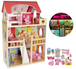 DUŻY DOMEK DLA LALEK Drewniany z Kuchnią Łazienką Schodami Balkonem LED XXL - Domki dla lalek - miniaturka - grafika 1