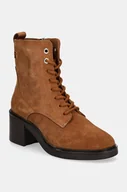 Botki damskie - Tommy Hilfiger botki zamszowe SUEDE MID HEEL LACEUP LOGOTAPE damskie kolor brązowy na słupku FW0FW08090 - miniaturka - grafika 1