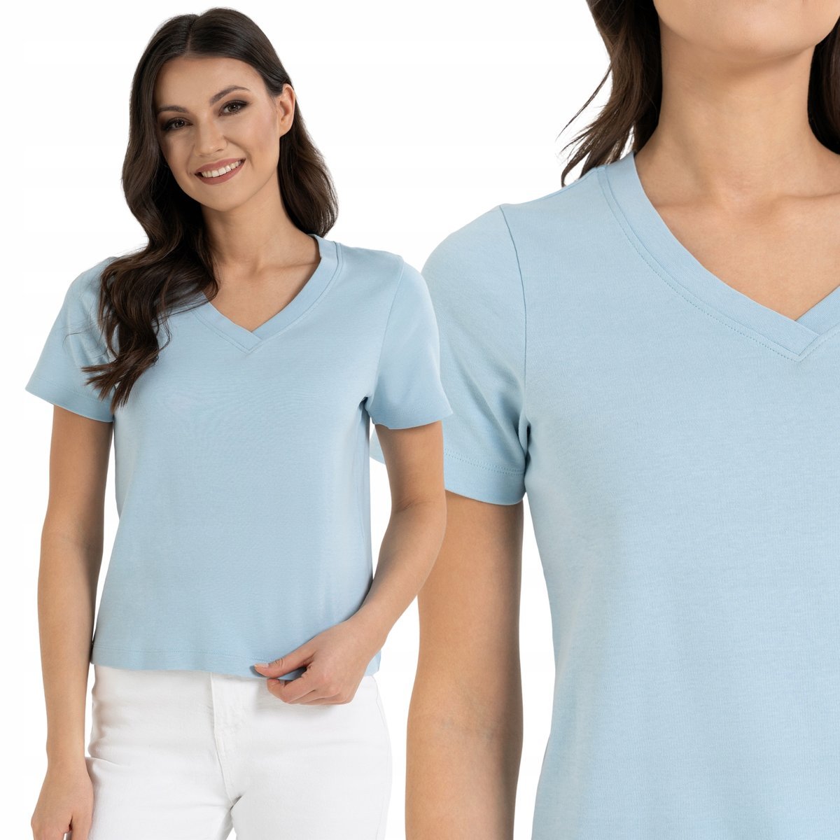 DAMSKI T-SHIRT KOSZULKA BAWEŁNIANA NA CO DZIEŃ DEKOLT V MORAJ M BLUE