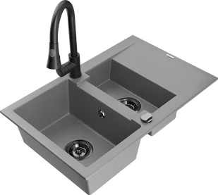 Mexen Gaspar zlewozmywak granitowy 1,5-komorowy z ociekaczem i baterią kuchenną Elia, szary - 6507-71-670101-70-B - Zlewozmywaki z baterią - miniaturka - grafika 1