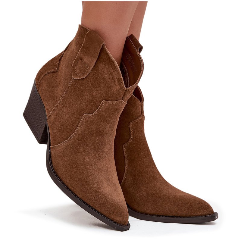 Wsuwane Botki Kowbojki Damskie Z Naturalnego Zamszu Camel Beretta 40-41