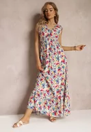 Sukienki - Biało-Czerwona Rozkloszowana Sukienka Maxi w Kwiaty z Gumką w Talii i przy Dekolcie Eirerene - miniaturka - grafika 1