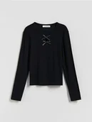 Bluzki dla dziewczynek - Reserved - Prążkowana koszulka z wiskozy - czarny - miniaturka - grafika 1