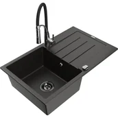 Zlewozmywaki z baterią - Mexen Bruno zlewozmywak granitowy 1-komorowy z ociekaczem i baterią kuchenną Aster, czarny/złoty metalik - miniaturka - grafika 1