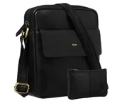 Torby męskie - Torebka męska na dokumenty skórzana PETERSON mała saszetka miejska listonoszka na ramię kieszonki na suwak elegancka czarna + etui na klucze - miniaturka - grafika 1