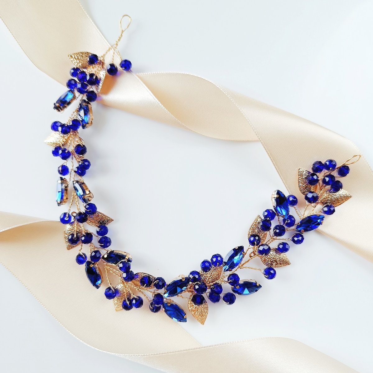 złota niebieska gałązka opaska do włosów z KRYSZTAŁKAMI cyrkoniami listkami