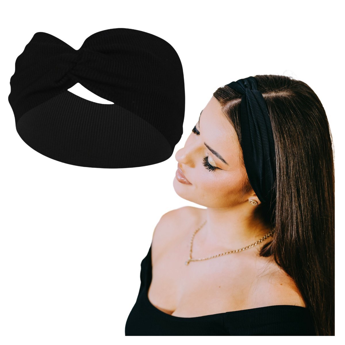 Opaska na Głowę Czarna Szeroka w Prążki Elastyczna z Supłem Miła w Dotyku