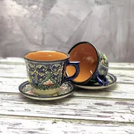Kubki - Duży kubek ceramiczny z podstawką ręcznie zdobiony „Wschody i zachody” 210ml - miniaturka - grafika 1