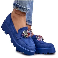Półbuty damskie - Vinceza Damskie Zamszowe Półbuty Z Ozdobą Niebieskie Britt - miniaturka - grafika 1