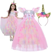 Stroje karnawałowe - Strój Przebranie Sukienka Tęczowy Jednorożec Kostium Na Karnawał 128 134 - miniaturka - grafika 1