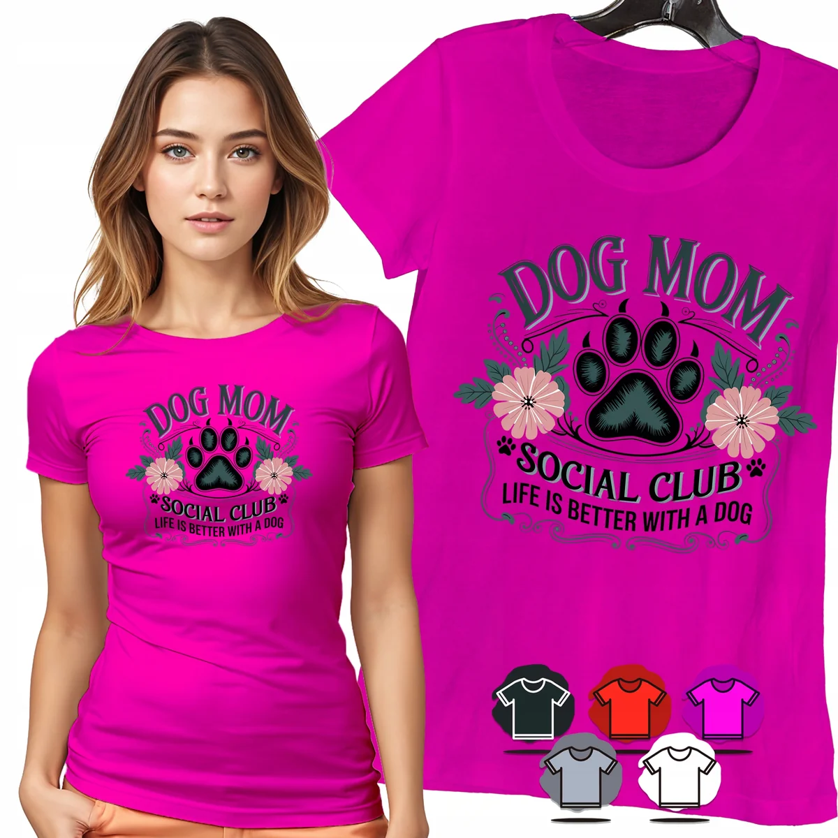 KOSZULKA DAMSKA T-SHIRT - DOG MOM PSIA MAMA ŁAPKA KWIATY DAMSKI WZÓR - XS