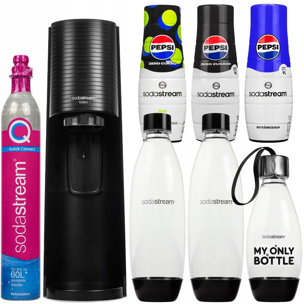 SATURATOR DO WODY SODASTREAM TERRA CZARNY 3 BUTELKI + SYROP PEPSI + DODATKI