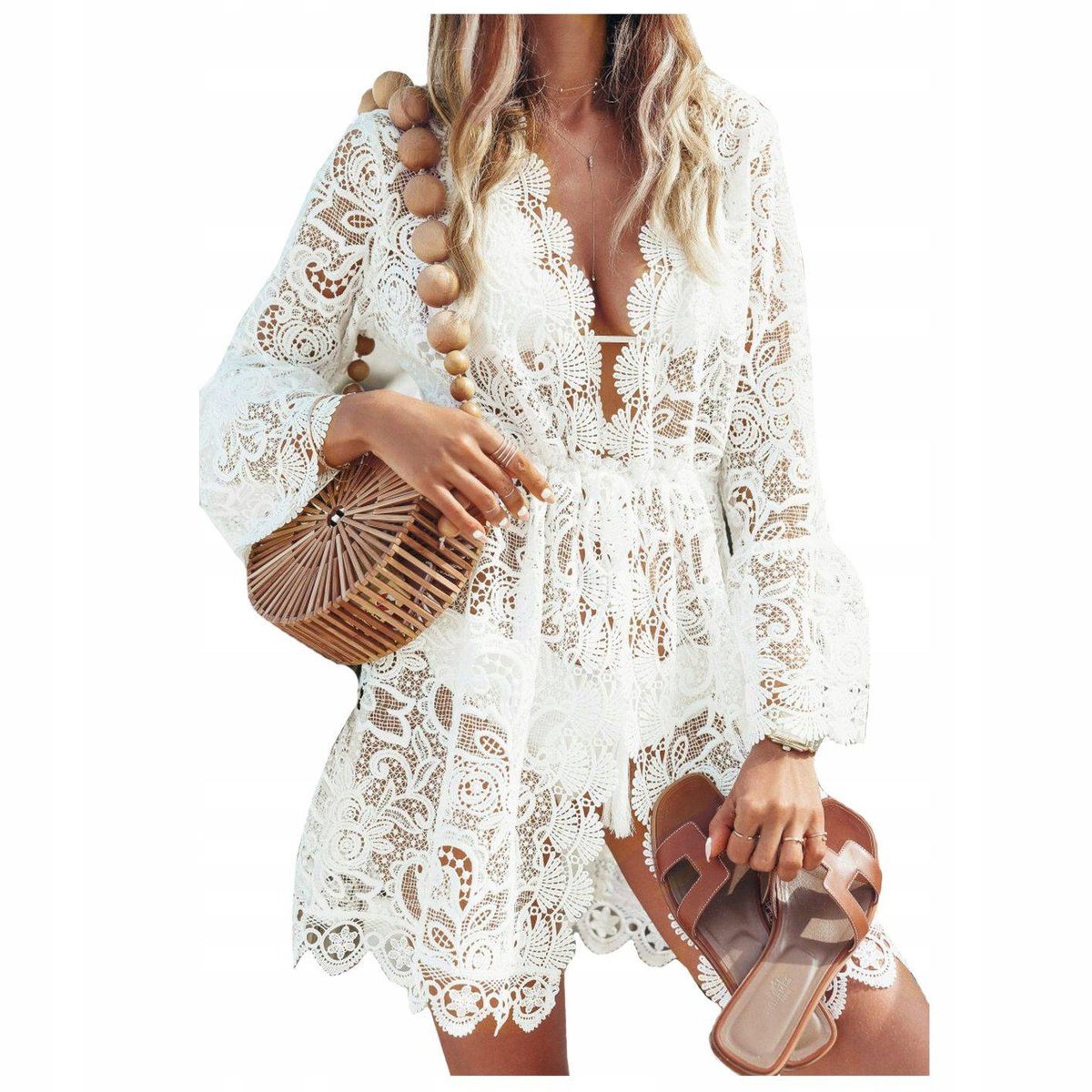 Sukienka plażowa koronkowa biała boho - XXXL