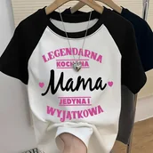 Bluzki damskie - TEMU Koszulka Damska z Nadrukiem Casual - Czarno-Biała, Raglanowe Rękawy w Bloki Kolorów, Tekst "LEGENDARNA KOCHANA MAMA" i , Lekka Letnia Bluzka z - miniaturka - grafika 1