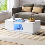 Ławy i stoliki kawowe - Stolik kawowy Merax z LED i 2 szufladami, stolik boczny ze szklanym blatem, stolik do salonu z APP, stolik kawowy, stolik kawowy 100x50x35,5cm, biały - miniaturka - grafika 1