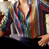 Koszule damskie - TEMU Kolorowa Koszula w Paski dla Kobiet - Vintage, Długi Rękaw, Poliester, Możliwość Prania w Pralce, Idealna na Wiosnę i Jesień, Wiosenna Moda - miniaturka - grafika 1