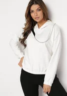 Bluzy damskie - Biała Bawełniana Bluza z Kapturem z Ozdobnym Łańcuszkiem i Suwakiem Cielo - miniaturka - grafika 1