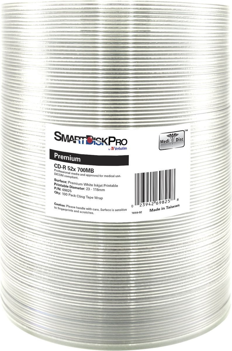 Smartdisk CD-R, 69825, Premium White Injekt Printable, 100-pack, 700MB, 52x, 80min., 12cm, wrap, do archiwizacji danych