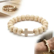 Bransoletki - BRANSOLETKA DREWNIANA jasna z krzyżem na gumce klasyczna różaniec - miniaturka - grafika 1