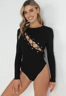 Body - Czarne Prążkowane Body z Gorsetowym Wiązaniem Dyllia - miniaturka - grafika 1