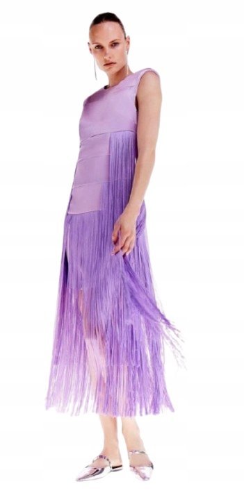 KAREN MILLEN FIOLETOWA SUKIENKA MIDI Z FRĘDZLAMI PROSTA 38 B1C