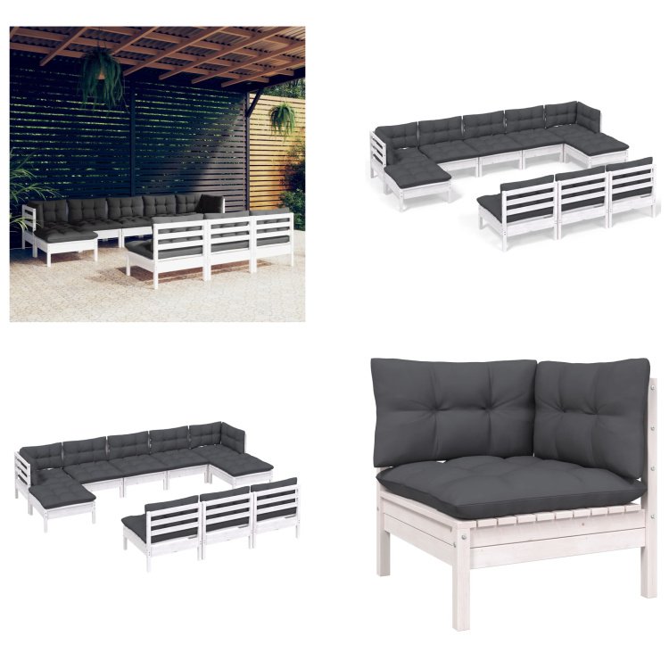 vidaXL 10-częściowy zestaw wypoczynkowy do ogrodu z poduszkami białe drewno sosnowe - Zestaw wypoczynkowy do ogrodu - Zestawy wypoczynkowe do ogrodu - Zestaw mebli ogrodowych - Zestawy mebli ogrodowych