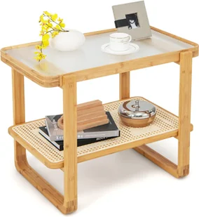 Stolik boczny COSTWAY, stolik kawowy ze zdejmowanym szklanym blatem i rattanową półką, stolik kawowy z bambusową ramą, stolik nocny 70,5 x 44,5 x 54,5 cm - Ławy i stoliki kawowe - miniaturka - grafika 1