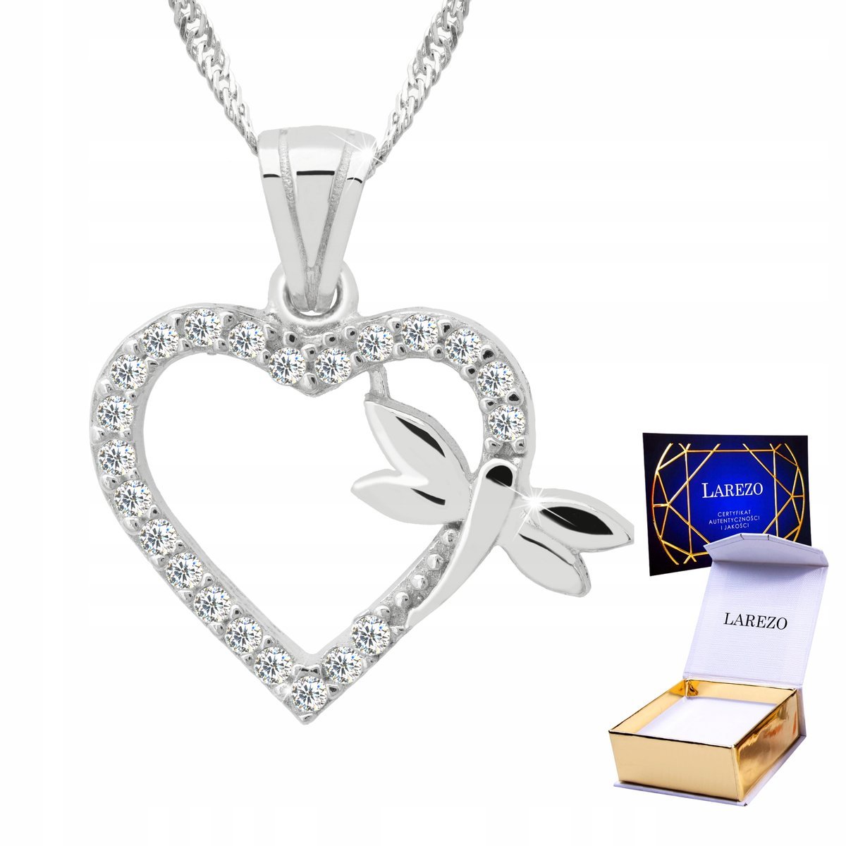Długi Naszyjnik Srebrny 925 Serce z Ważką Cyrkoniami Serduszko Cyrkonie