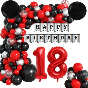 ŚCIANKA BALONY ZESTAW BALONÓW NA OSIEMNASTKĘ 18 URODZINY CZERWONO SREBRNY 88SZT - Balony i akcesoria - miniaturka - grafika 1