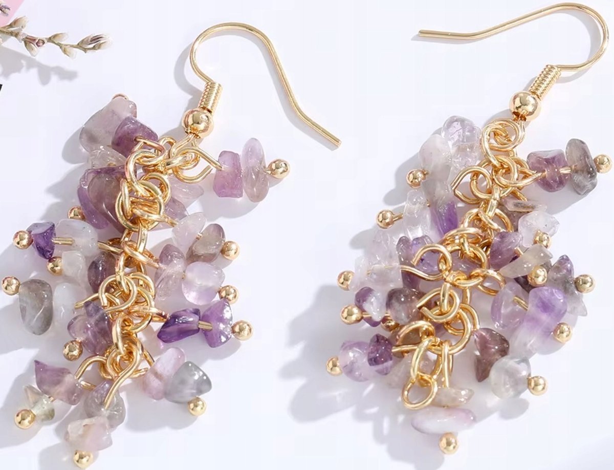 Złote Kolczyki z Fioletowymi Kamieniami Sztyft Naturalne Pozłacane