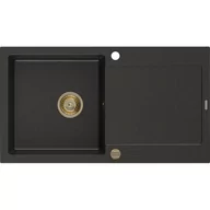 Zlewozmywaki - Mexen Leo zlewozmywak granitowy 1-komorowy z ociekaczem 900 x 500 mm, czarny/złoty metalik, syfon złoty - miniaturka - grafika 1