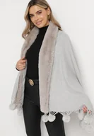 Apaszki i szaliki damskie - Szary Szeroki Szalik Narzutka z Pomponami i Futerkiem Naqila - miniaturka - grafika 1