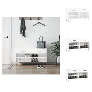 vidaXL Ławka na buty biały wysoki połysk 102x35x55 cm materiał drewnopochodny - Stojaki i szafki na buty - Szafki na buty - miniaturka - grafika 1