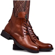 Botki damskie - Vinceza Sznurowane Botki Na Płaskim Obcasie Karmelowe Grete brązowe - miniaturka - grafika 1