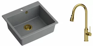 Quadron Zlewozmywak granitowy jednokomorowy 57*50*22 cm MORGAN 110 SILVER STONE ze złotym odpływem z baterią JESSICA Q LINE z wyciąganą wylewką i funkcją prysznica kolor złoty - Zlewozmywaki z baterią - miniaturka - grafika 1