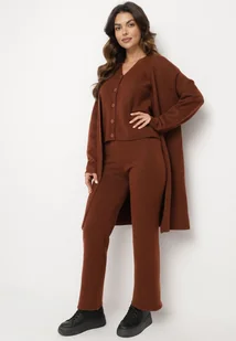 Brązowy Dzianinowy Komplet z Wełną Kardigan Top i Szerokie Spodnie Daivonne - Komplety damskie - miniaturka - grafika 1