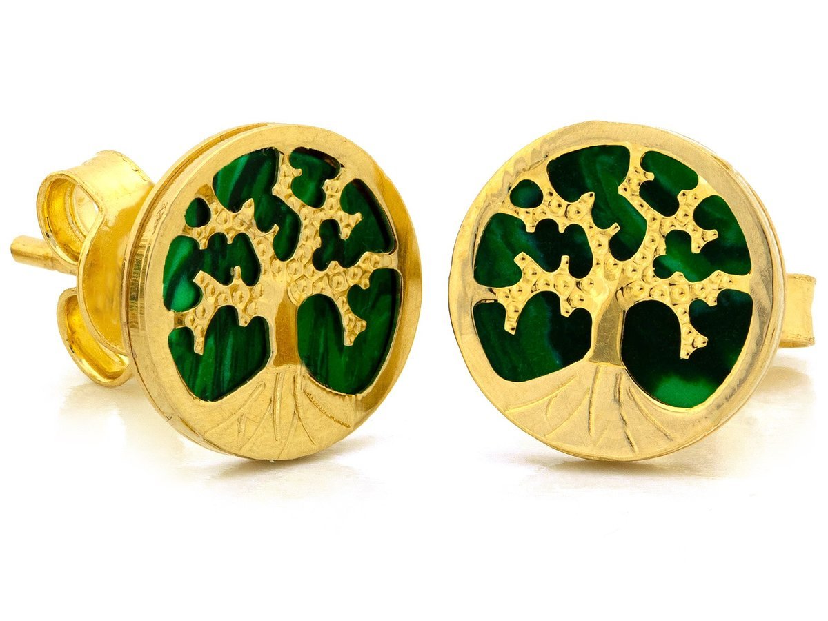 Kolczyki złote 585 na sztyfcie drzewko szczęścia z malachitem 1.94g