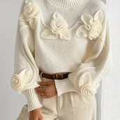 Swetry damskie - TEMU Elegancki damski sweter z wysokim dekoltem i kwiatowym wzorem 3D - Miękki, ciepły sweter z długim rękawem i aplikacją kwiatową, jednolity - miniaturka - grafika 1