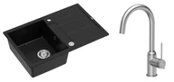 Zlewozmywaki z baterią - Quadron Unique Zlewozmywak granitowy jednokomorowy 78*50*22 cm z ociekaczem MORGAN 111 PURE CARBON z syfonem Push-2-Open w kolorze stalowym z baterią INGRID Q LINE kolor stal szczotkowana - miniaturka - grafika 1