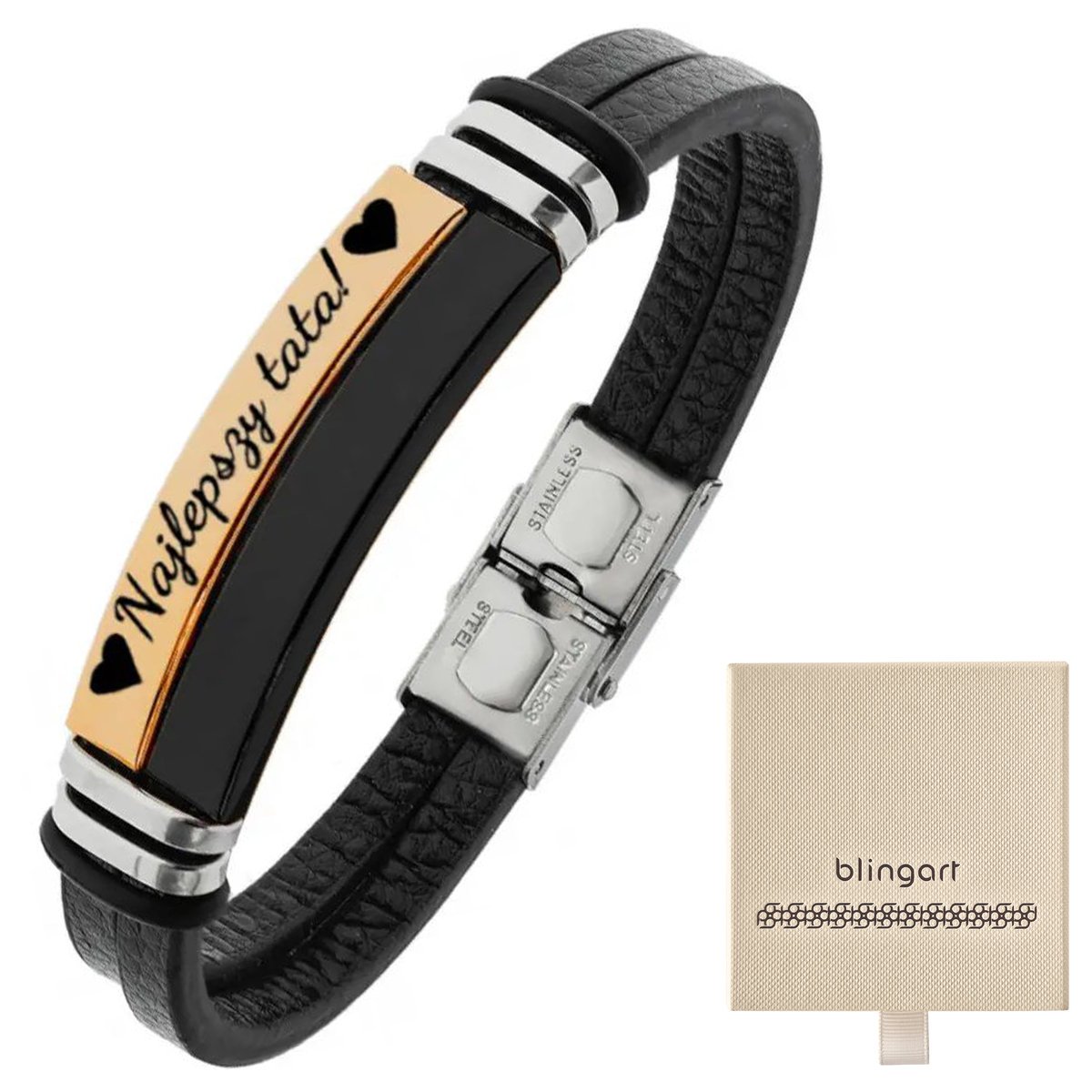 Bransoletka męska SKÓRZANA z grawerem złoto czarna