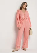 Komplety damskie - Różowy Bawełniany Komplet z Ażurowymi Zdobieniami Wiązana Bluzka i Spodnie Savurielle - miniaturka - grafika 1