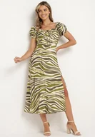 Sukienki - Ciemnozielona Rozkloszowana Sukienka z Wiskozą i Bawełną Wykończona Gumką na Plecach Dimillia - miniaturka - grafika 1