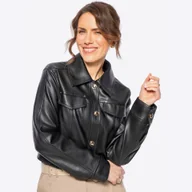 Kurtki damskie - Damska kurtka ze skóry ekologicznej z patkami czarna - miniaturka - grafika 1