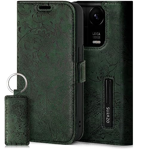 SURAZO Premium cienkie magnetyczne etui na telefon komórkowy do Xiaomi 14 Pro 5G, skórzane etui ochronne z prawdziwej skóry [przegródka na karty, ochrona RFID, kwiatowy wzór] etui z klapką, skórzane