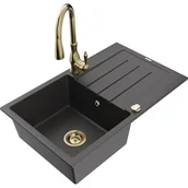 Zlewozmywaki z baterią - Mexen Bruno zlewozmywak granitowy 1-komorowy z ociekaczem i baterią kuchenną Savita, czarny nakrapiany - miniaturka - grafika 1
