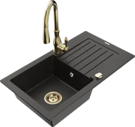Zlewozmywaki z baterią - Mexen Pablo zlewozmywak granitowy 1-komorowy z ociekaczem i baterią kuchenną Savita, czarny/złoty metalik - 6510-75-672601-50 - miniaturka - grafika 1